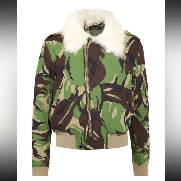 New Rag & Bone Camo Flight Jacket Bomber Shearling Collar Removable Size Small - Picture 13 of 16